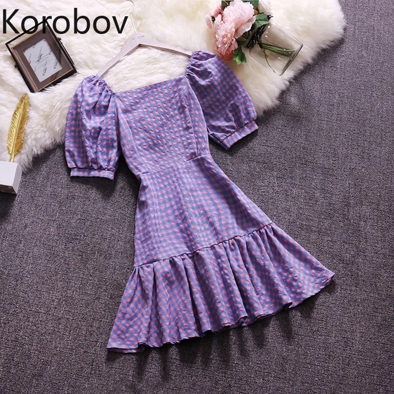 Фото Женское клетчатое платье Korobov винтажное в консервативном стиле с квадратным