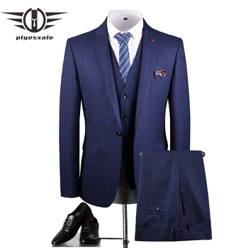Plyesxale Slim Fit Mens Plaid Suit Navy Blue Wedding Suits For Men High Quality Male Business Check Suit Jacket Pants Vest Q412
Plyesxale Slim Fit Mens Plaid Suit Navy Blue Wedding Suits For Men High Quality Male Business Check Suit Jacket Pants Vest Q412