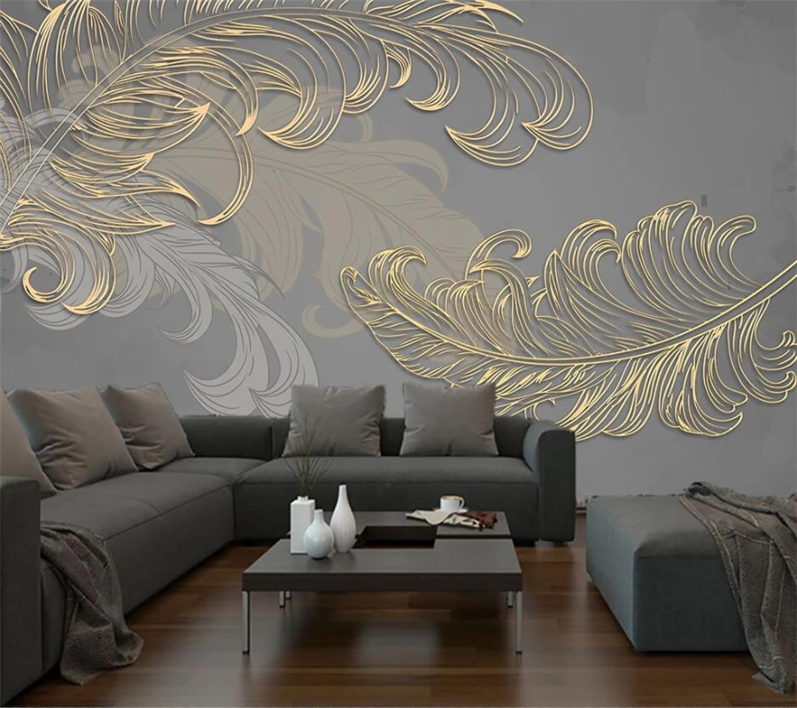 

Customized 3d wallpaper fashion beautiful hand-painted feather mural Nordic style golden embossed lines background wall фотообои