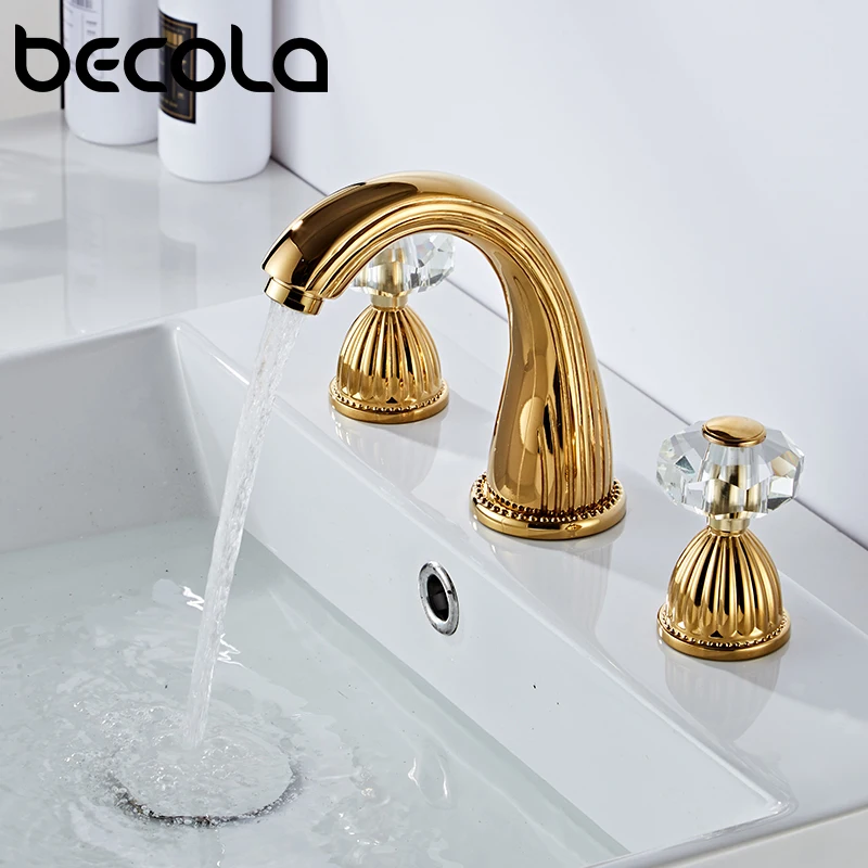 

3PCS Gold/Antique Crystal Handles Basin Sink Faucets Hot Cold Bath Tub Mixers Deck Mounted Mixer Crane Bathtub Taps For Bathroom