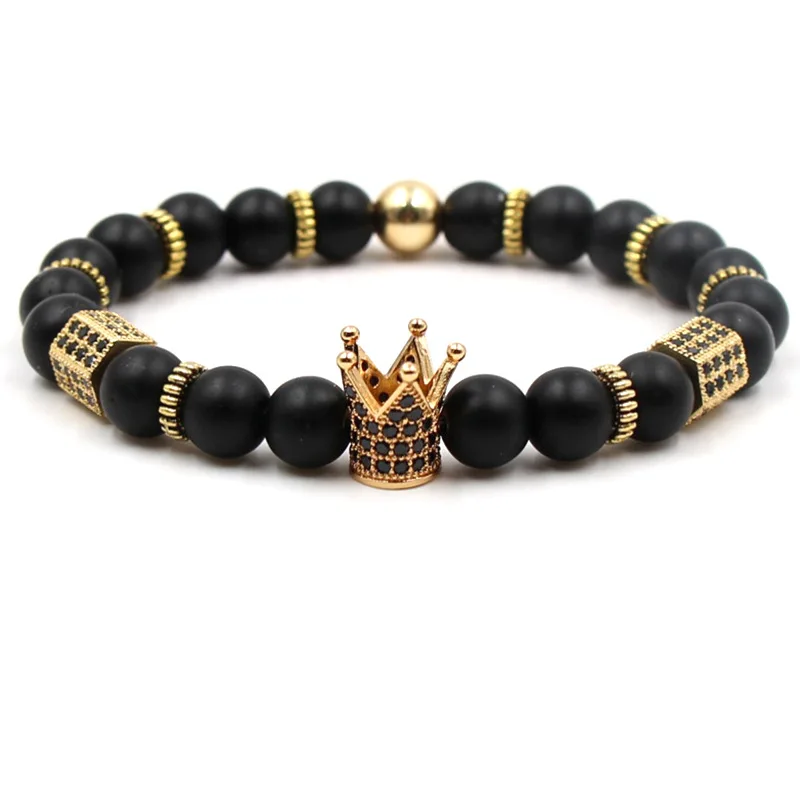 

Trendy Matte Black Stone Beads Manual Bracelet Pave CZ Crown Bracelets Bangles For Men&Women Classic Jewelry Popular Accessories