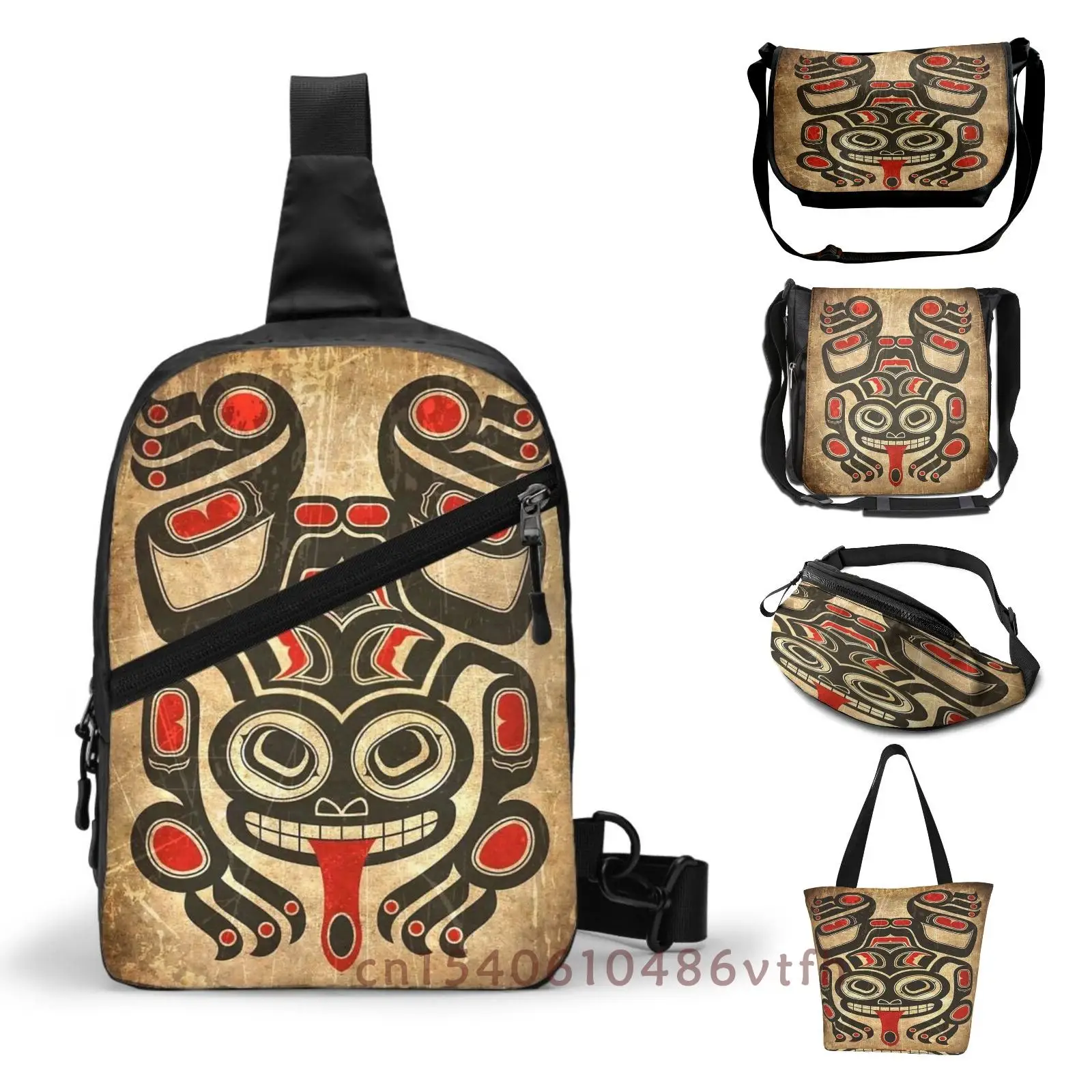 Functional Men Chest Bag Shoulder Crossbody Red And Black Haida Spirit Tree Frog Women Belt Bags Waist Pack |