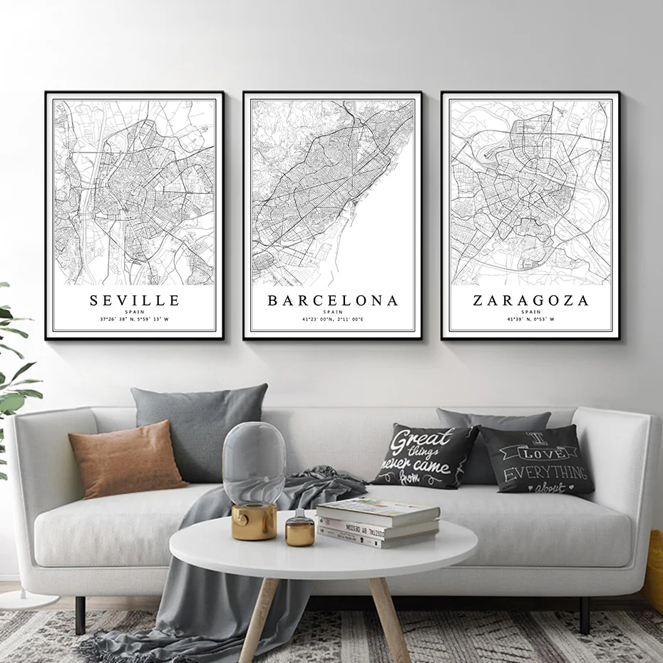 Карта Испании Барселона Мадрид Малага Севилья Валенсия Сарагоса плакаты холст