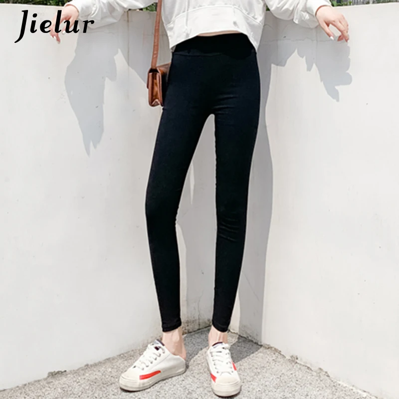 Jielur Женские леггинсы черные эластичные однотонные в Корейском стиле S-XXL осень 2020