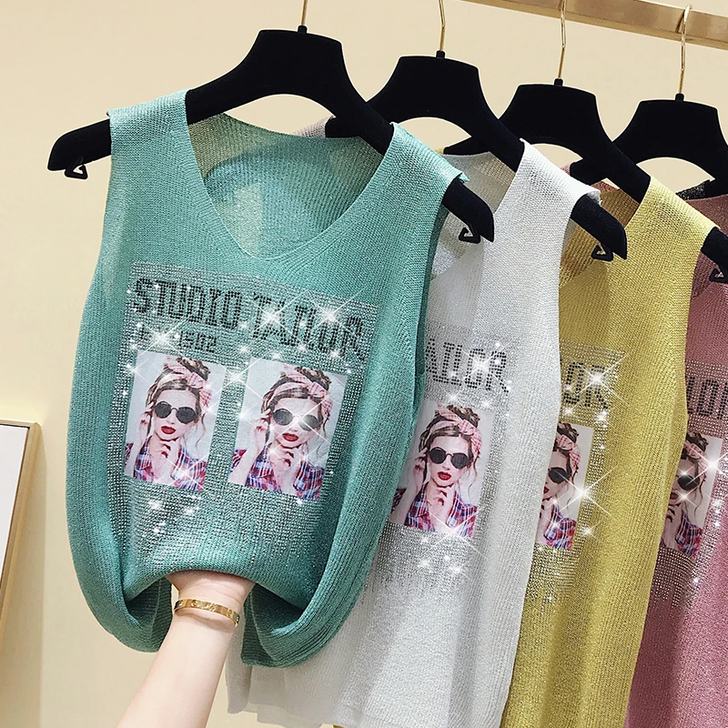 Diamond Tank Vests Women Top V-neck Solid Fashion Female Sleeveless Casual Thin Tops Pink Green Summer Knit Tee Shirt Femme 2021
Diamond Tank Vests Women Top V-neck Solid Fashion Female Sleeveless Casual Thin Tops Pink Green Summer Knit Tee Shirt Femme 2021