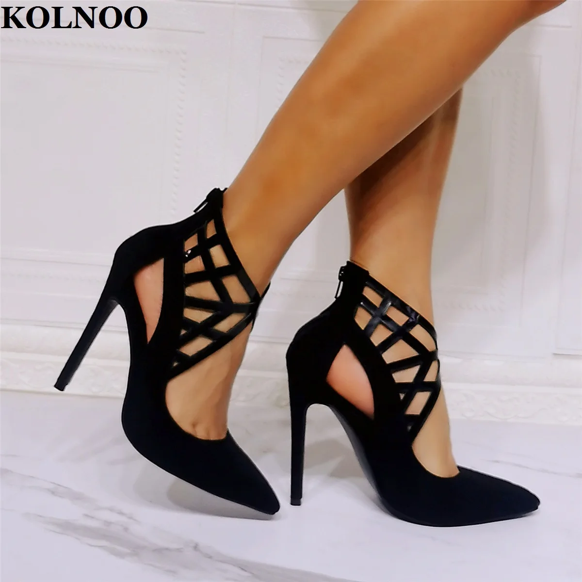 

KOLNOO Real Photos Handmade Ladies High Heeled Pumps Kid-suede Pointed-Toe Large Size US5-15 Evening Party Fashion Court Shoes