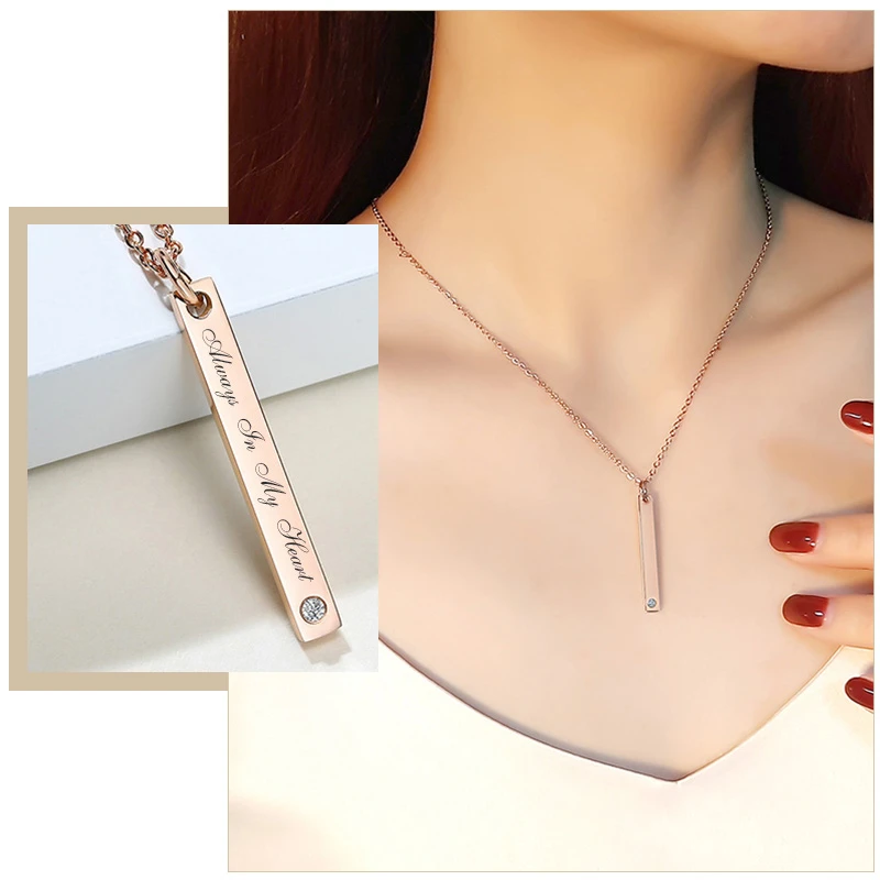Elegant Rose Gold Color Vertical Bar Necklaces for Women Jewelry Custom Personalize Engrave Stainless Steel ID Pendant Gifts
Elegant Rose Gold Color Vertical Bar Necklaces for Women Jewelry Custom Personalize Engrave Stainless Steel ID Pendant Gifts