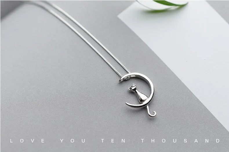 cute cat moon pendant necklace charm 925 sterling silver link