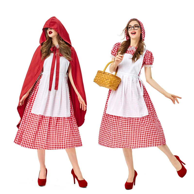 

Halloween Costumes For Women Little Red Riding Hood Sexy Plaided Dress Cape Anime Fairytale Cosplay Party Performance Clothing