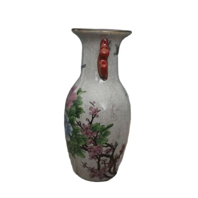 

Chinese Old Porcelain Crack GlazedPeony And Bird Painting Bilateral Ears Vase