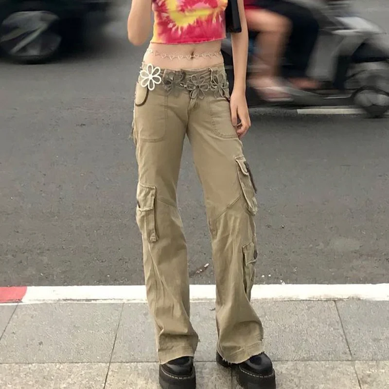 Фото Брюки-карго Женские винтажные уличная одежда в стиле пэчворк прямые спортивные
