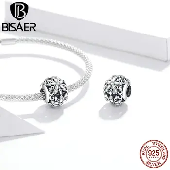 

BISAER 2020 Carved Snowflakes Beads 925 Sterling Silver Shiny Zircon Silver Charms Fit DIY Women Bracelet Necklace Pendant