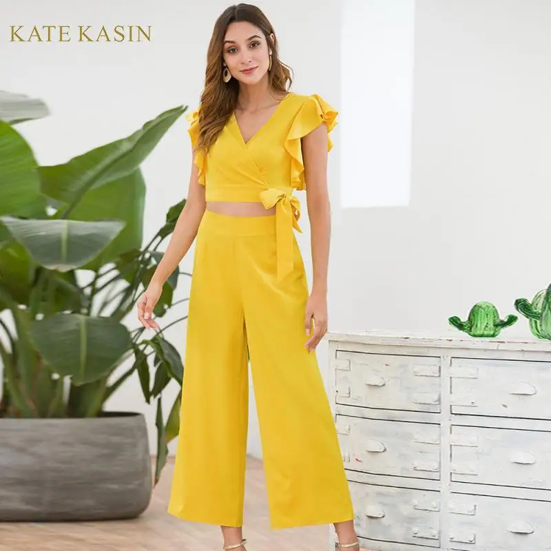 Kate Kasin Women Fashion Two Piece Set Top and Pants Yellow V Neck Ruffle Sleeve Crop Top Wide Leg Pants Female Outfits Suit Set
Kate Kasin Women Fashion Two Piece Set Top and Pants Yellow V Neck Ruffle Sleeve Crop Top Wide Leg Pants Female Outfits Suit Set