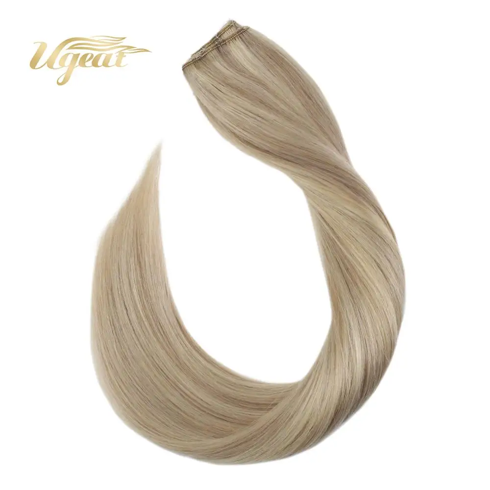 

Ugeat Halo Hair Extensions Brazilian Straight Human Hair 12-22" Non-Remy Hair Highlight Blonde Color Hair Flip on Hair 70-100G
