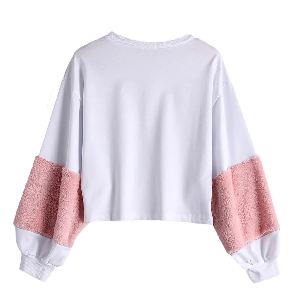 JAYCOSIN Fashion Women Casual Simple White Plush Sleeves Loose Sweatshirt European Comfortable Soft Pullover Top Blouse