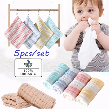 

5pcs/set Six Layers of Gauze Cotton Square Towel Baby Kids Soft Handkerchief Baby Plain Printed Saliva Towel Face Towels