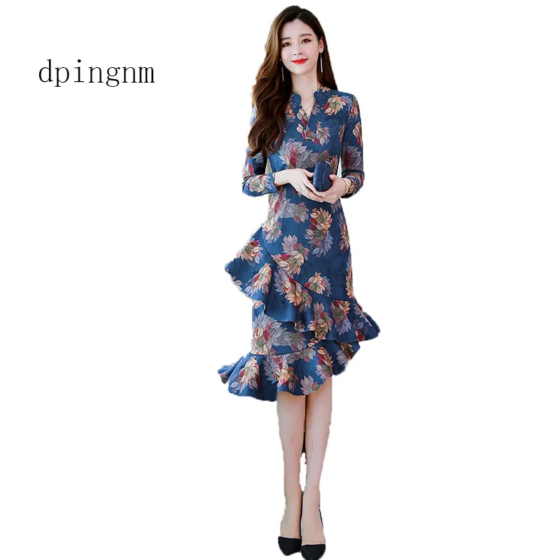 

2019 Women Print Beach Bohemian Dress Casual Long Sleeve V Neck Ruffles Elegant Party Dress VestidosDeerskin ruffled fashi