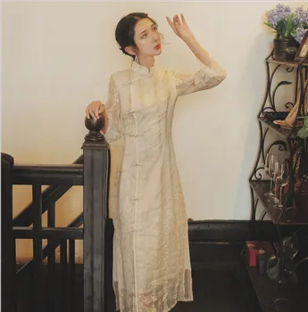 Autumn Elegant Cheongsam Dress Wrist Sleeve Embroridery Patchwork Lace Slim Midi Dress Vestidos 
Autumn Elegant Cheongsam Dress Wrist Sleeve Embroridery Patchwork Lace Slim Midi Dress Vestidos