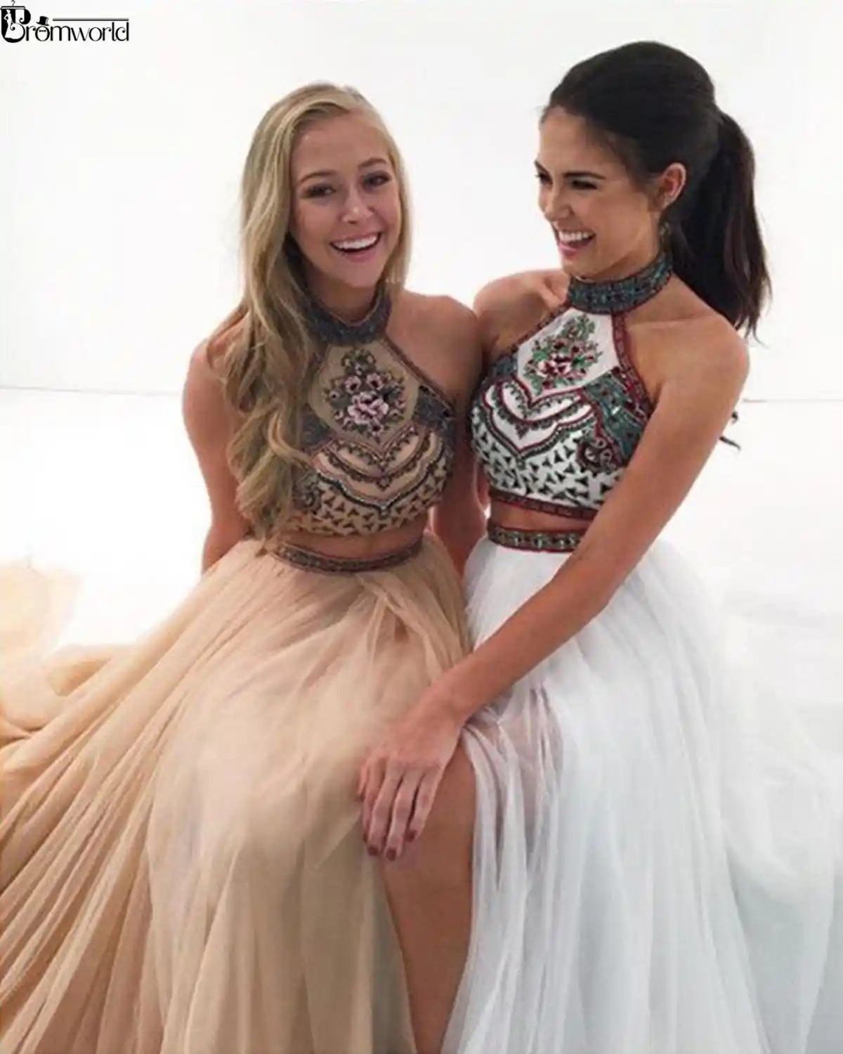 two piece halter prom dress