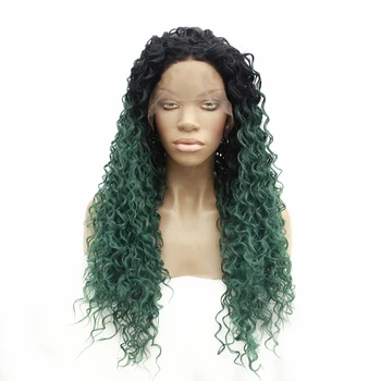 

Ombre Green Long Kinky Curly Synthetic Lace Front Wig Heat Resistant Fiber Hair Natural Hairline Middle Parting For Women