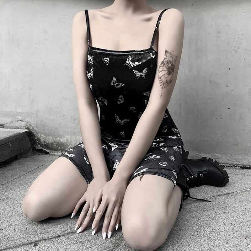 Black Butterfly Print Spaghetti Strap Backless Casual Dress OG0666