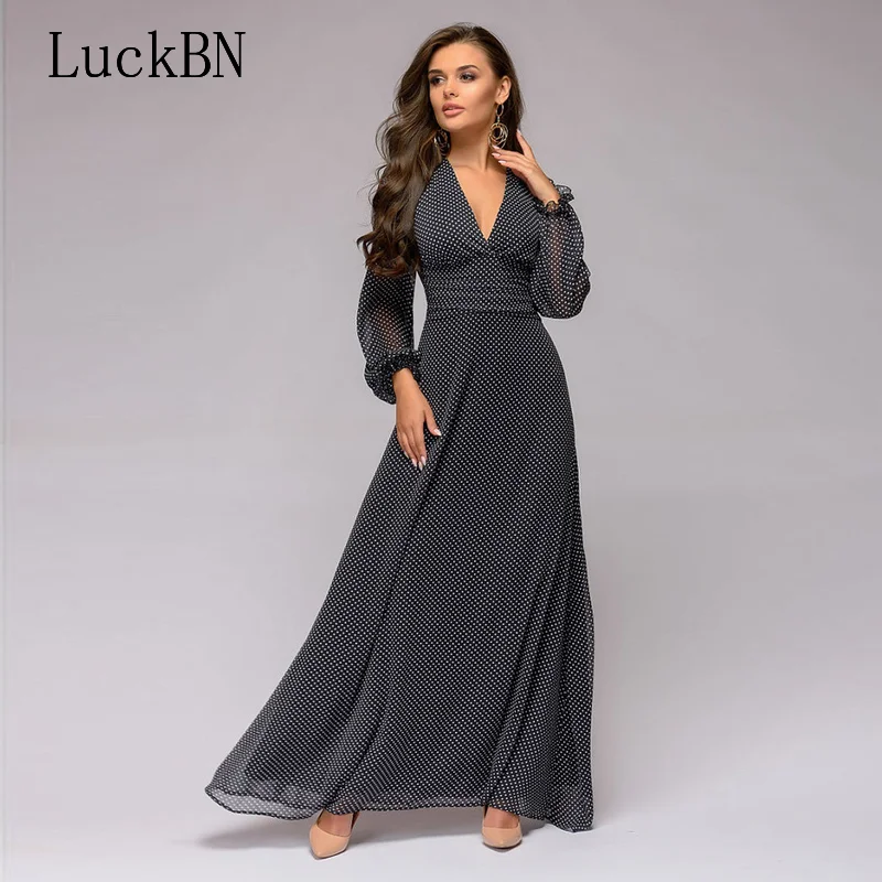 Retro Dot Printed Women Dress Spring Autumn Deep V-neck Sexy Dress Long Sleeve Chiffon Long Dress Vestidos Dresses Female
Retro Dot Printed Women Dress Spring Autumn Deep V-neck Sexy Dress Long Sleeve Chiffon Long Dress Vestidos Dresses Female