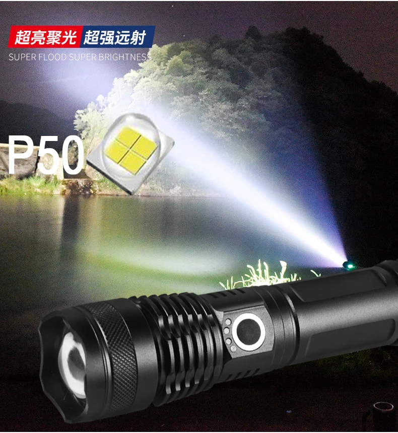 XHP50 Flashlight Super Bright Rechargeable Torch Hunting Light Adjustable Focus Waterproof Torches Outdoor Camping USB Charging | Лампы и