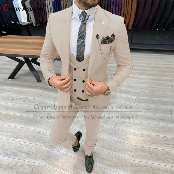 

20 Colors Classic Khaki Wedding Men Suits Set Formal Slim Fit Groomsmen Groom Tuxedo Tailor-made Business Blazer Vest Pants 3Pcs