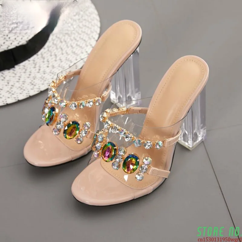

Summer Fashion Crystal Diamond Slides Clear PVC Transparent Slippers Women Shoes Peep Toe High Heels Mules Dress Pumps
