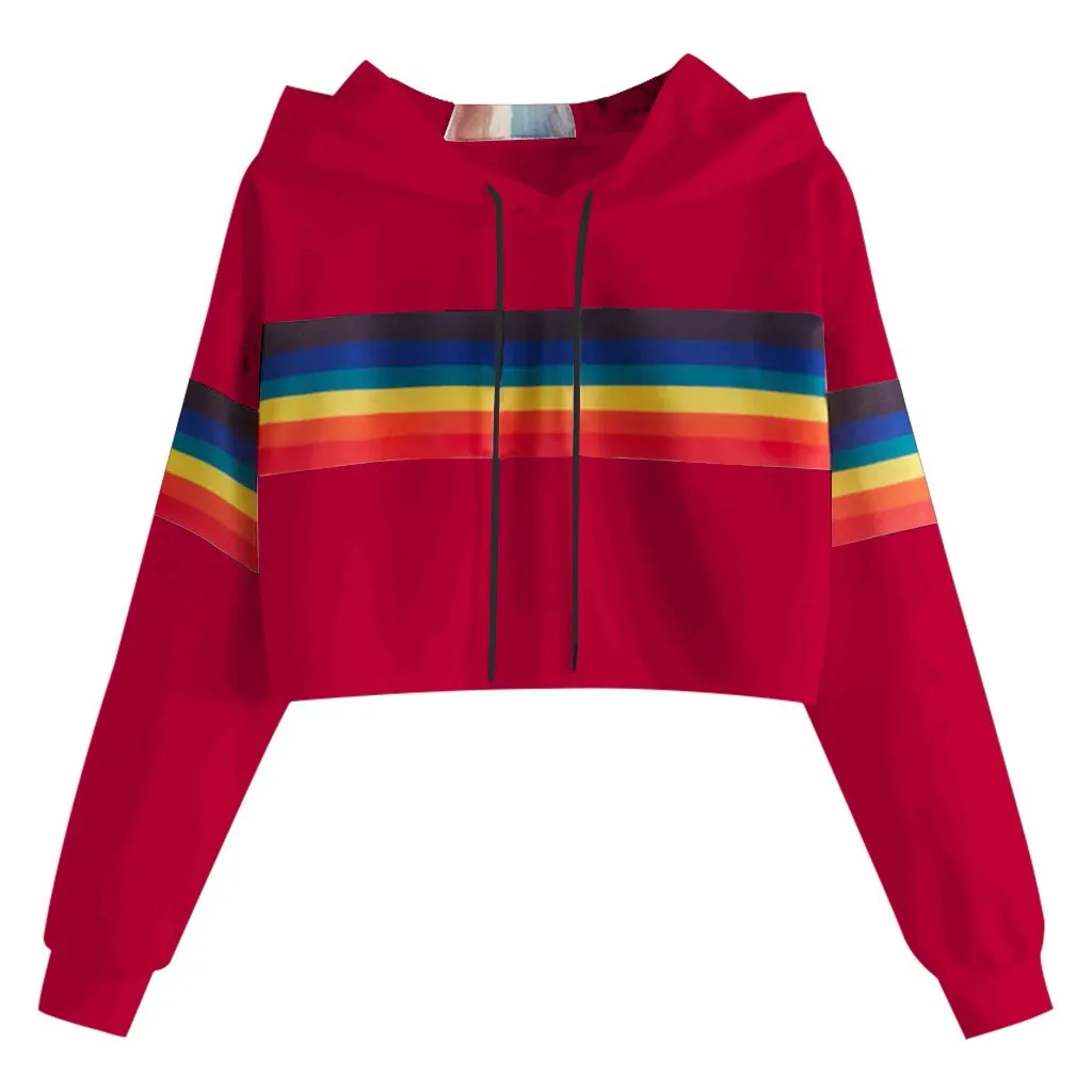 Jaycosin 2019 Fashion Autumn Women Rainbow Stripe Sweatshirt Stylish Long Sleeve Comfortable Female Casual Crop Blouse 930#10