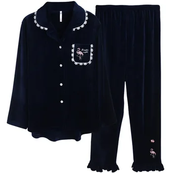 Pajamas Women Elegant Lace Trim Lapel Pocket Flamingo Printing Ruffle Pants Velvet Fleece Pajama Royal Blue Pijama Pj Set Winter 
Pajamas Women Elegant Lace Trim Lapel Pocket Flamingo Printing Ruffle Pants Velvet Fleece Pajama Royal Blue Pijama Pj Set Winter