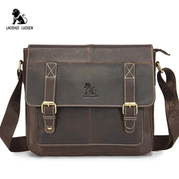 

LAOSHIZI LUOSEN Vintage Satchels Bags Men Messenger Bag Genuine Leather Crazy Horse Crossbody Shoulder Bag Business Travel