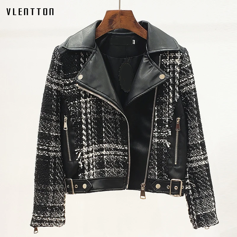 Autumn Winter New Wool Tweed Plaid Spliced Pu Leather Jacket Women Slim Short Biker Jackets Coat Female Outwear Jaqueta Feminina
Autumn Winter New Wool Tweed Plaid Spliced Pu Leather Jacket Women Slim Short Biker Jackets Coat Female Outwear Jaqueta Feminina
