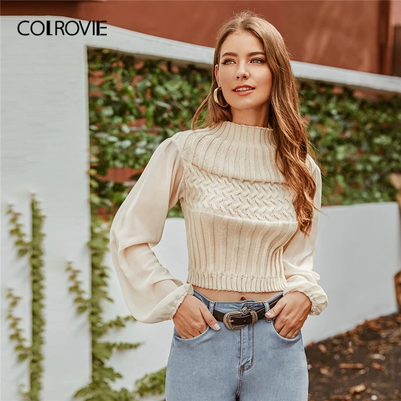 

COLROVIE Beige Mock-neck Mixed Knit Sweater Women 2019 Autumn Bishop Sleeve Pullovers Ladies Tops Elegant Solid Sweaters