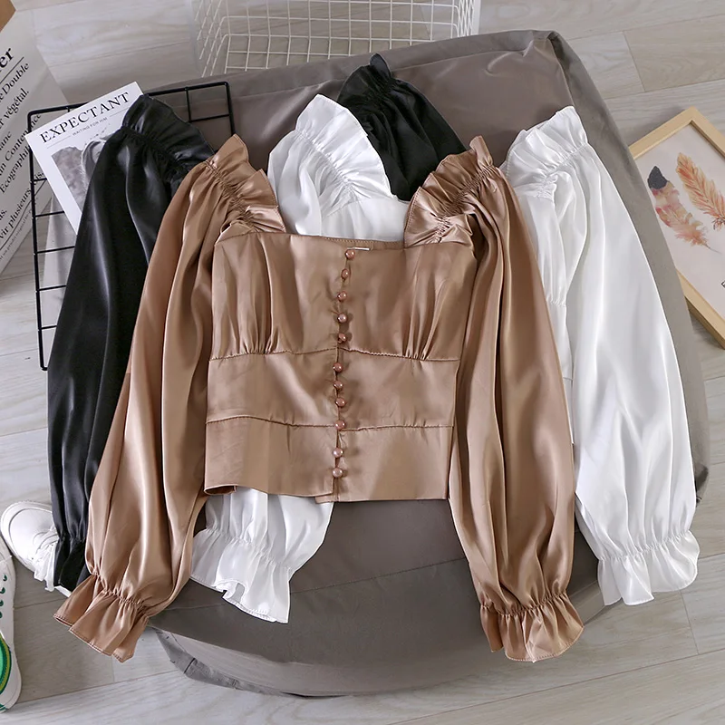 Women's Court Satin Single-row Button Short Crop Tops Lady Slash Neck Long Sleeve Elegant Harajuku Blusas Mujer De Moda J412
Women's Court Satin Single-row Button Short Crop Tops Lady Slash Neck Long Sleeve Elegant Harajuku Blusas Mujer De Moda J412
