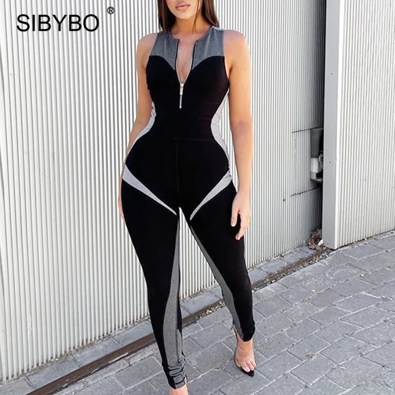 

Sibybo Patchwork Zipper Sporty Women Jumpsuit Sleeveless V Neck Rompers Jumpsuits Casual Fitness Activewear Playsuit Overalls