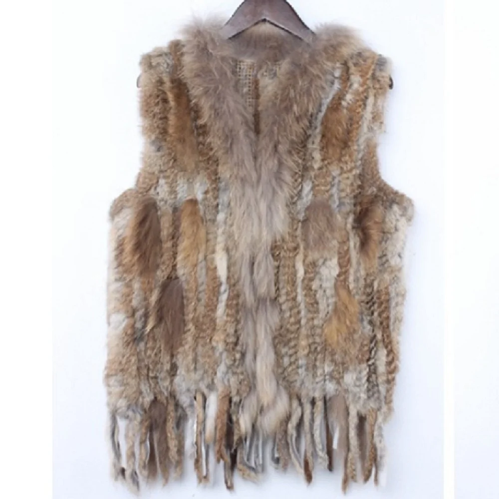 

women genuine natural real rabbit fur vest classic woven knitted warm female coat tassels raccoon fur collar waistcoat/jackets