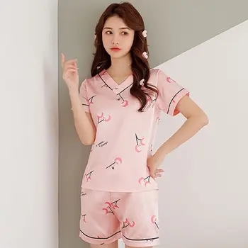 Women Summer Imitation Silk Pajamas Set V-Neck Pullover Tops Shorts Sleepwear Sweet Floral Cherry Print Loose Loungewear 
Women Summer Imitation Silk Pajamas Set V-Neck Pullover Tops Shorts Sleepwear Sweet Floral Cherry Print Loose Loungewear