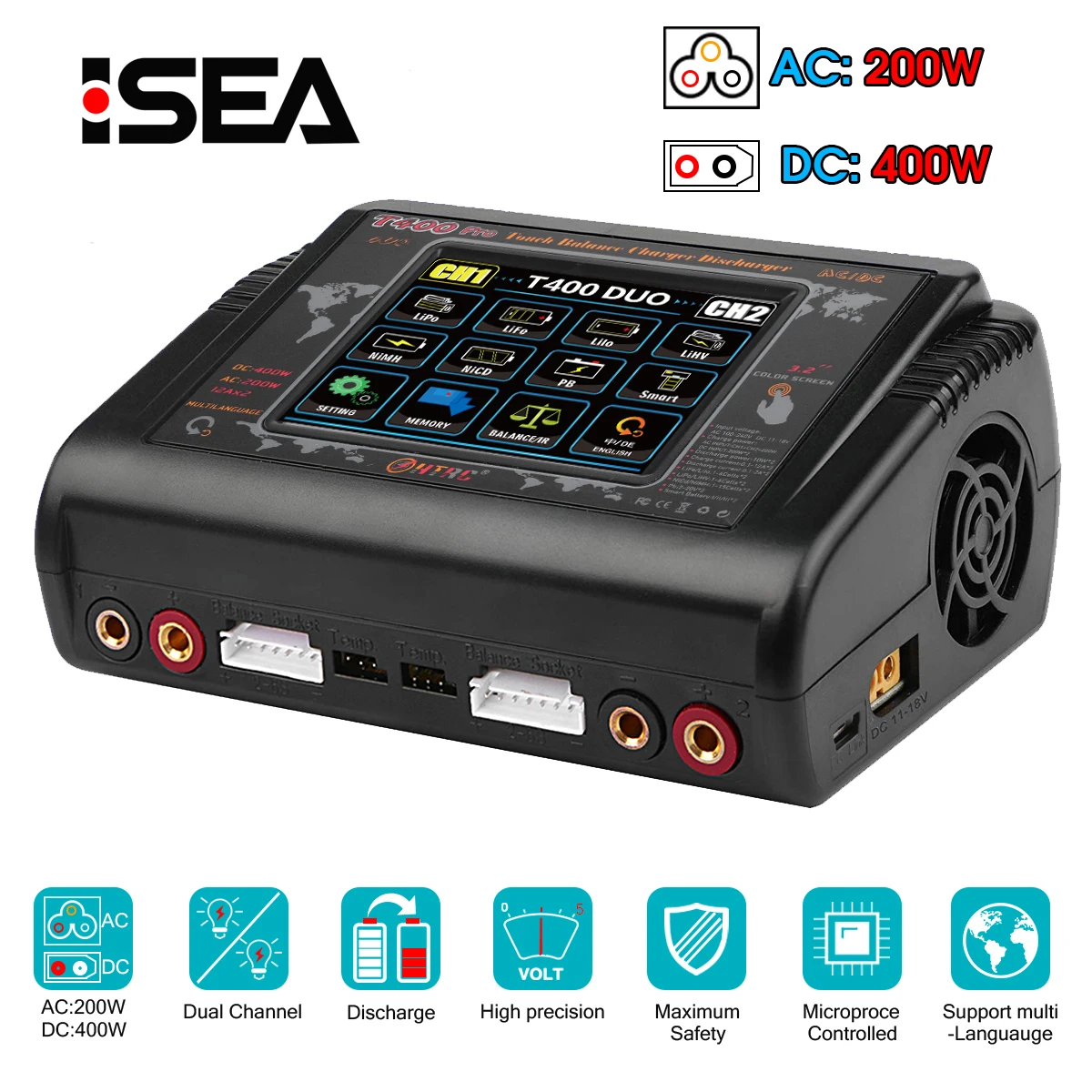 Новое зарядное устройство HTRC T400 Pro RC Lipo Dual DC 400W AC 200W 12A * 2 Dis для LiPo LiHV LiFe Lilon NiCd NiMh