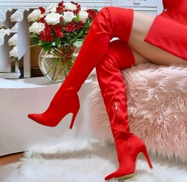 

Women'S Stiletto Over Knee Thigh High Boots Sexy Red Suede Party Pointed Toe Boots Shoes Thin Heels Zipper Runway Boot Plus Size