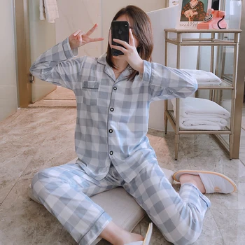 Spring And Autumn Long Sleeve Pure Cotton Pajamas WOMEN'S Cardigan Plaid Series Two-Piece Set Students Cute Sweet Women's Home W 
Spring And Autumn Long Sleeve Pure Cotton Pajamas WOMEN'S Cardigan Plaid Series Two-Piece Set Students Cute Sweet Women's Home W