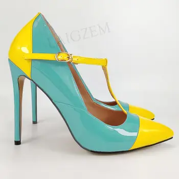 

LAIGZEM Color Contrast Women Heels Patchwork T Strap Stiletto High Heels Pumps Salto Alto Shoes Woman Zapatos Large Size 46 47