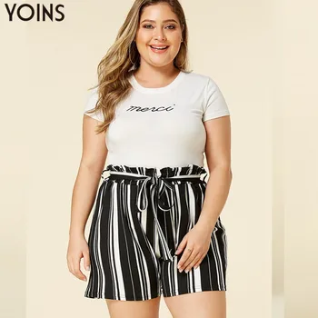 

YOINS Stylish Stripe Stretch Waistband Shorts Casual Beach High Waist Tie Belt Fashion Solid Shorts Black Burgundy For Ladies