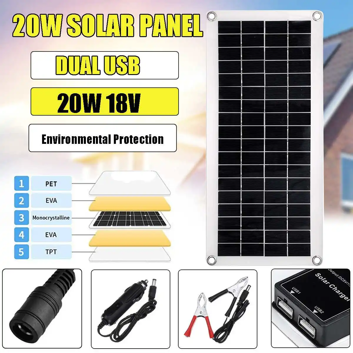20W 18V Dual USB Portable Durable Solar Panel+Car Charger+Solar Control Flexible Waterproof Solar Cell For Battery Phone Charger
20W 18V Dual USB Portable Durable Solar Panel+Car Charger+Solar Control Flexible Waterproof Solar Cell For Battery Phone Charger