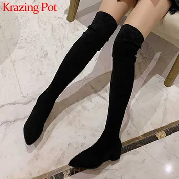 Krazing Pot winter fashion simple style flock stretch boots pointed toe med heels keep warm black colors thigh high boots L0f3
Krazing Pot winter fashion simple style flock stretch boots pointed toe med heels keep warm black colors thigh high boots L0f3