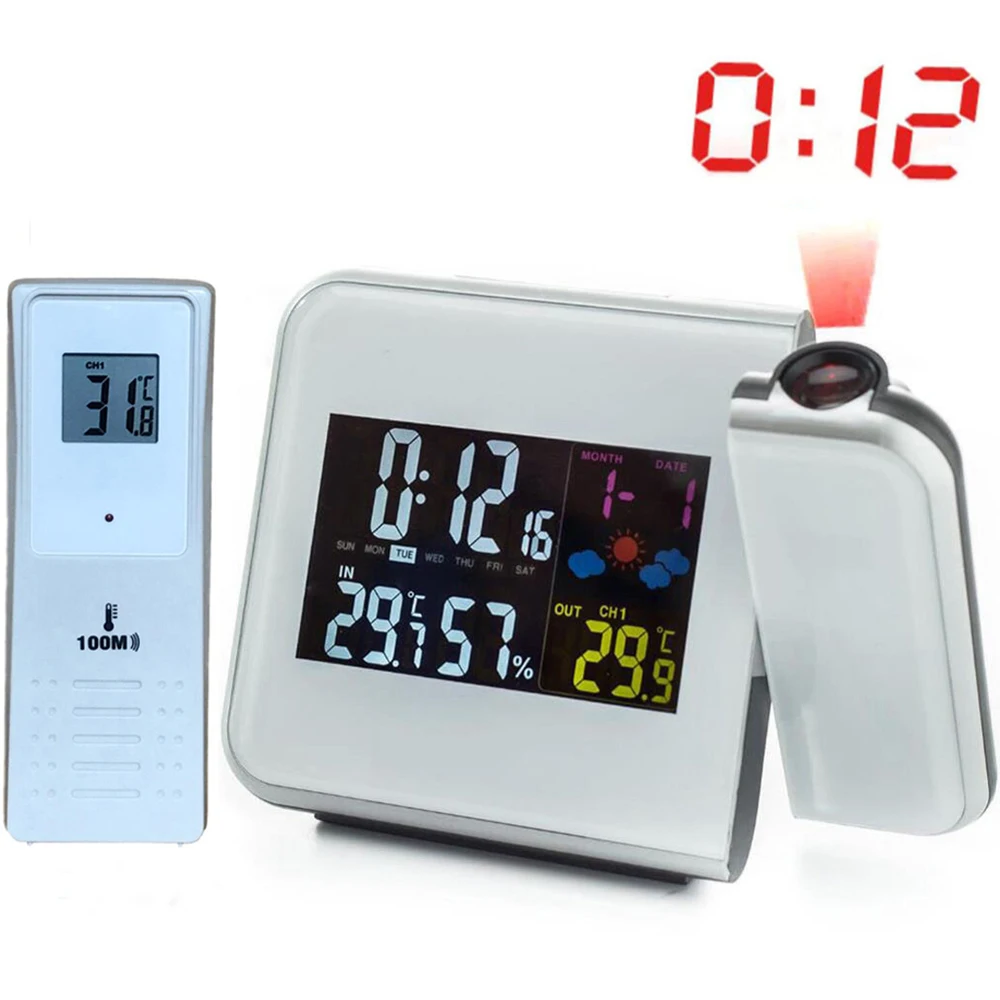 

Digital Weather Station Projection Alarm Clock LED Projector with Thermometer Humidity Hygrometer IN-Outdoor Temperature Meter