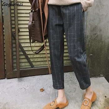 Pants Women Thicken Warm Ankle-length Plaid Drawstring Leisure High Waist Trendy Straight Womens Comfortable All-match Simple 
Pants Women Thicken Warm Ankle-length Plaid Drawstring Leisure High Waist Trendy Straight Womens Comfortable All-match Simple