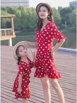 

Mother Daughter Dresses Family Look Mommy and Me Clothes Mom Mum Mama Girls Matching Outfits Polka Dot Lotus Leaf Outfits Dress