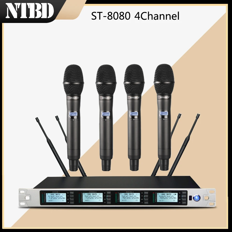 Фото NTBD Stage Performance Hip Hop Party Home KTV 4 Channel Black Handheld ST-8080 Wireless Condenser Microphone Long Distance  | Микрофоны (4000103252839)