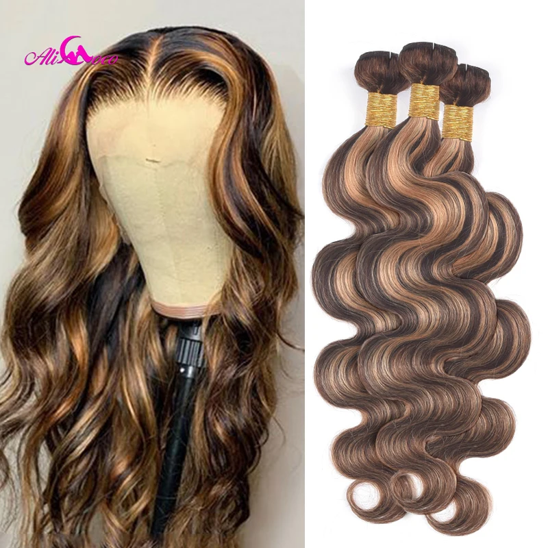 

Ali Coco Brazilian Ombre Hair Bundles Bone Body Human Hair Bundles P4/30 Brown with Highlight Color Remy Hair Weave Bundles